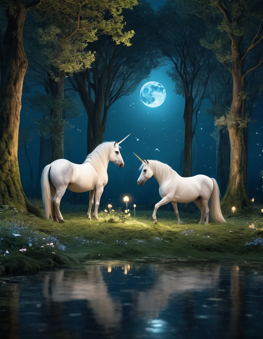 forest glade, unicorns, moonlight, fantasy scene, magical creatures