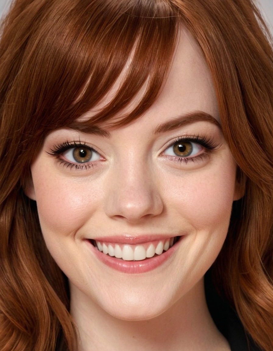 emma stone, actress, big nose, forehead, smile, eyes