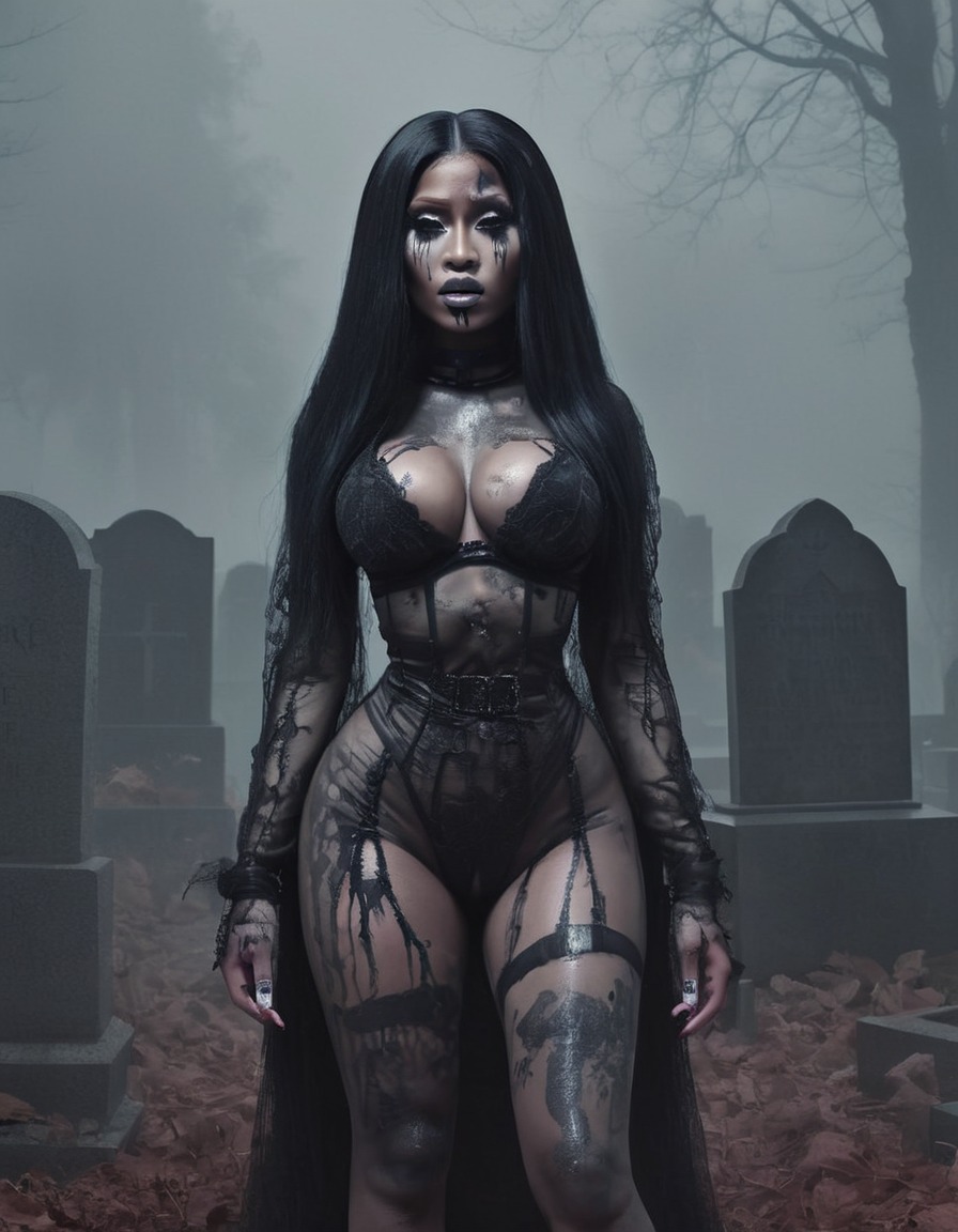 nicki minaj, zombie, glamorous, graveyard, fog, horror, art, celebrities