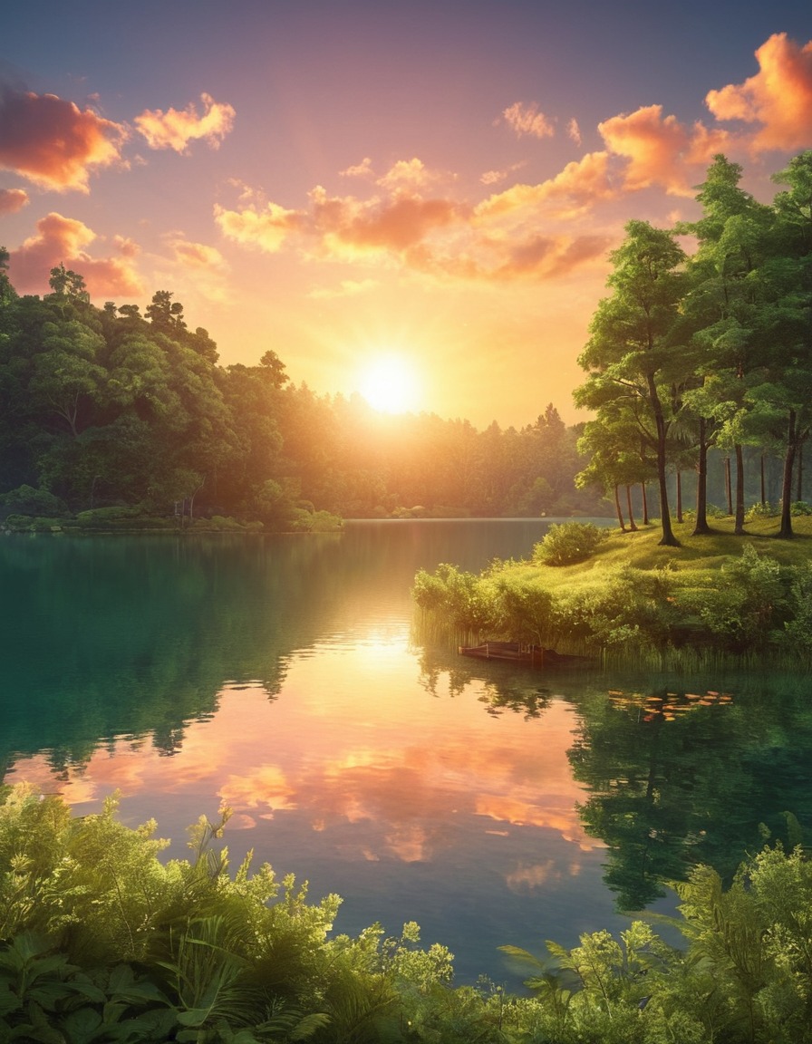 sunset, lake, forest, nature, serene