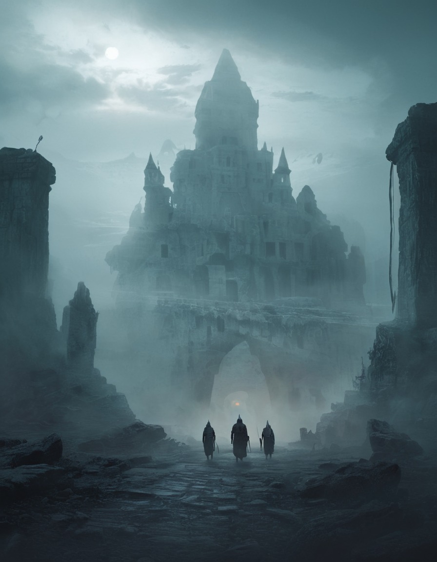 ancient architecture, mysterious figures, cyclopean city, misty atmosphere, eerie setting, lovecraft, howard lovecraft