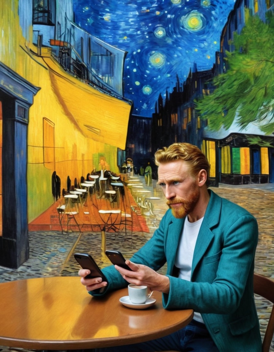 vincent van gogh, smartphone, cafe, art, technology