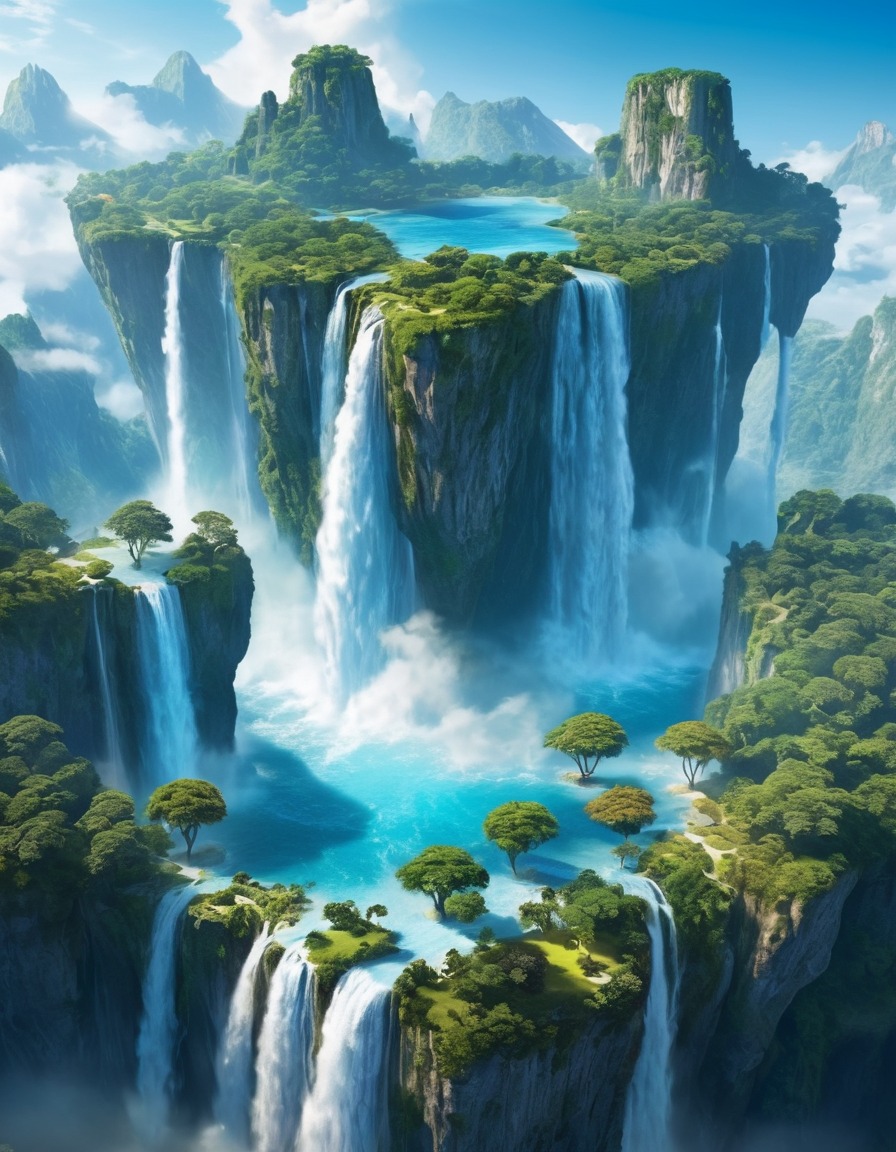 floating island, sky, waterfalls, fantasy, mystical, scenery