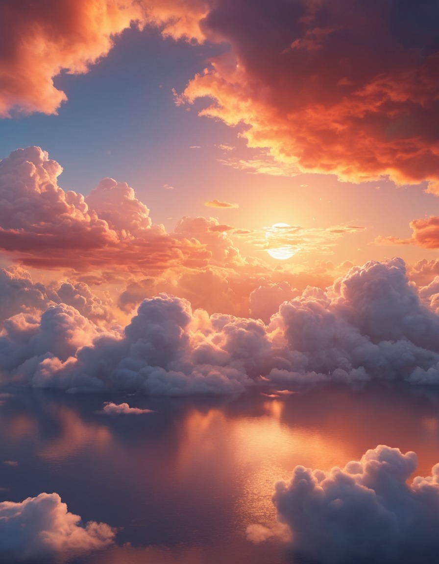 sunset, serene, fluffy clouds