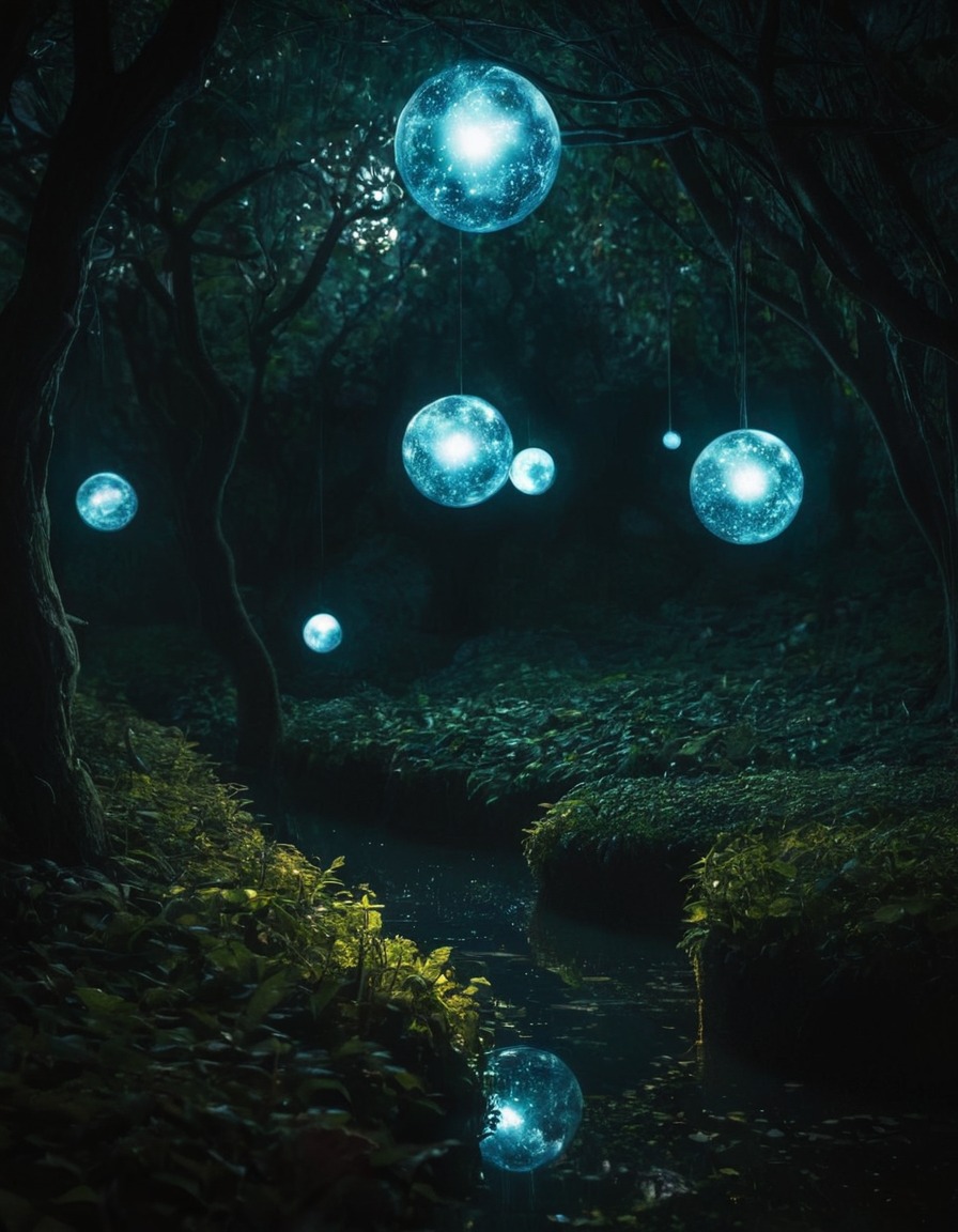 mystical, floating orbs, soft light, garden, magic, enchanting, ethereal