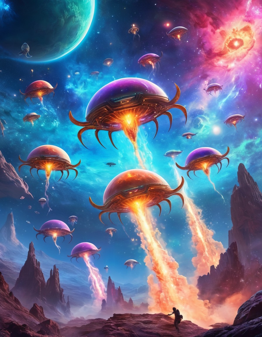 space, alien creatures, nebula, colorful, space scene, extraterrestrial, dazzling