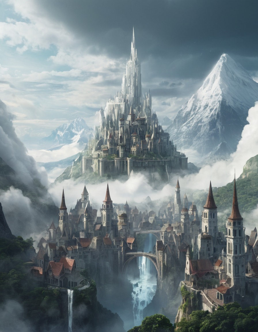 fantasy, clouds, city, elves, majestic, john tolkien, tolkien