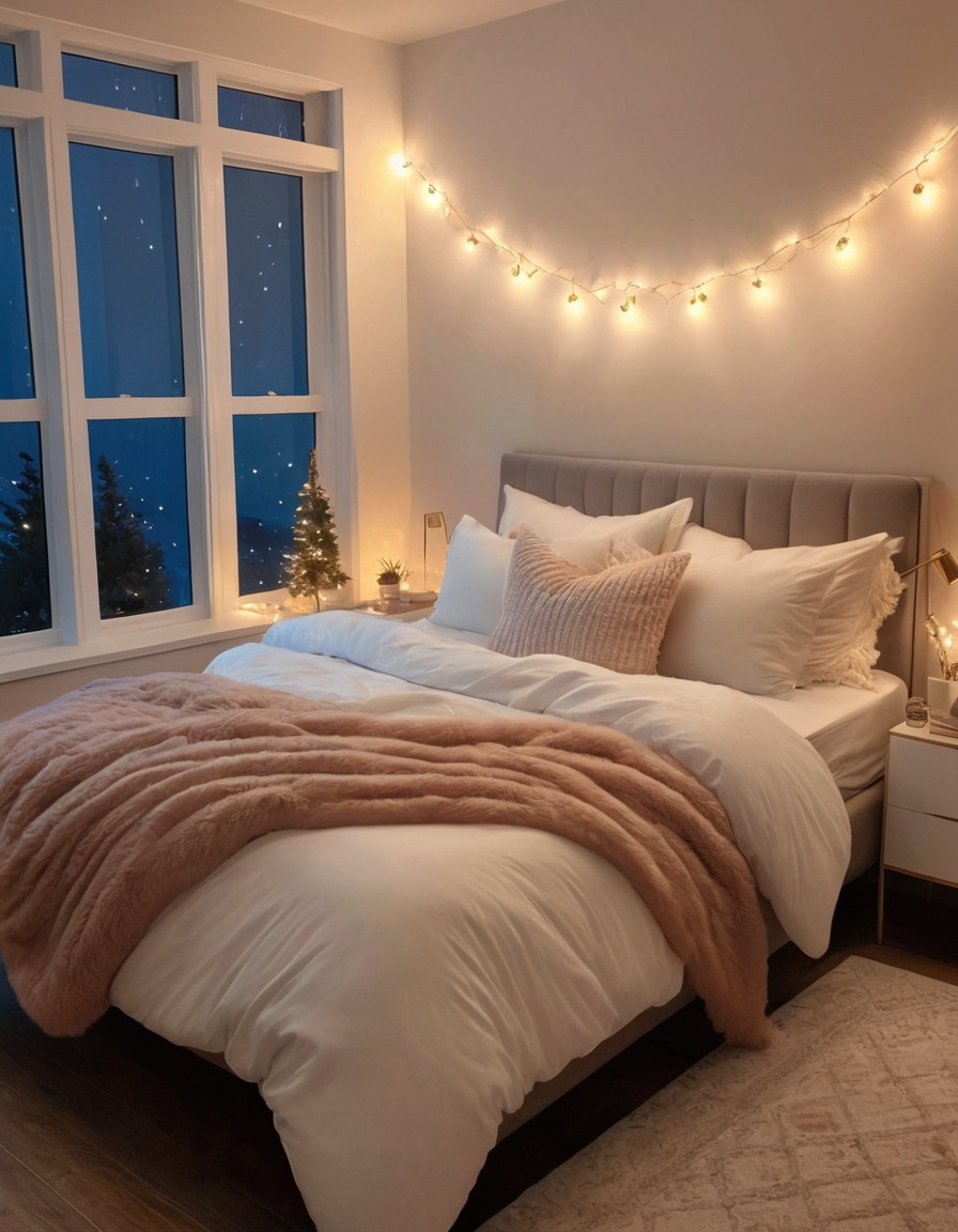 bedroom, cozy, fluffy duvet, string lights, soft pillows, home, interior