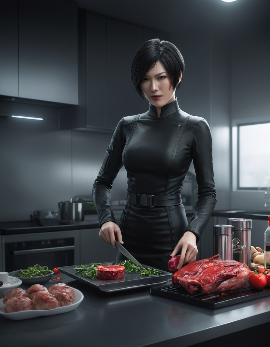 video games, resident evil, ada wong, cooking, modern kitchen, games, girls from games