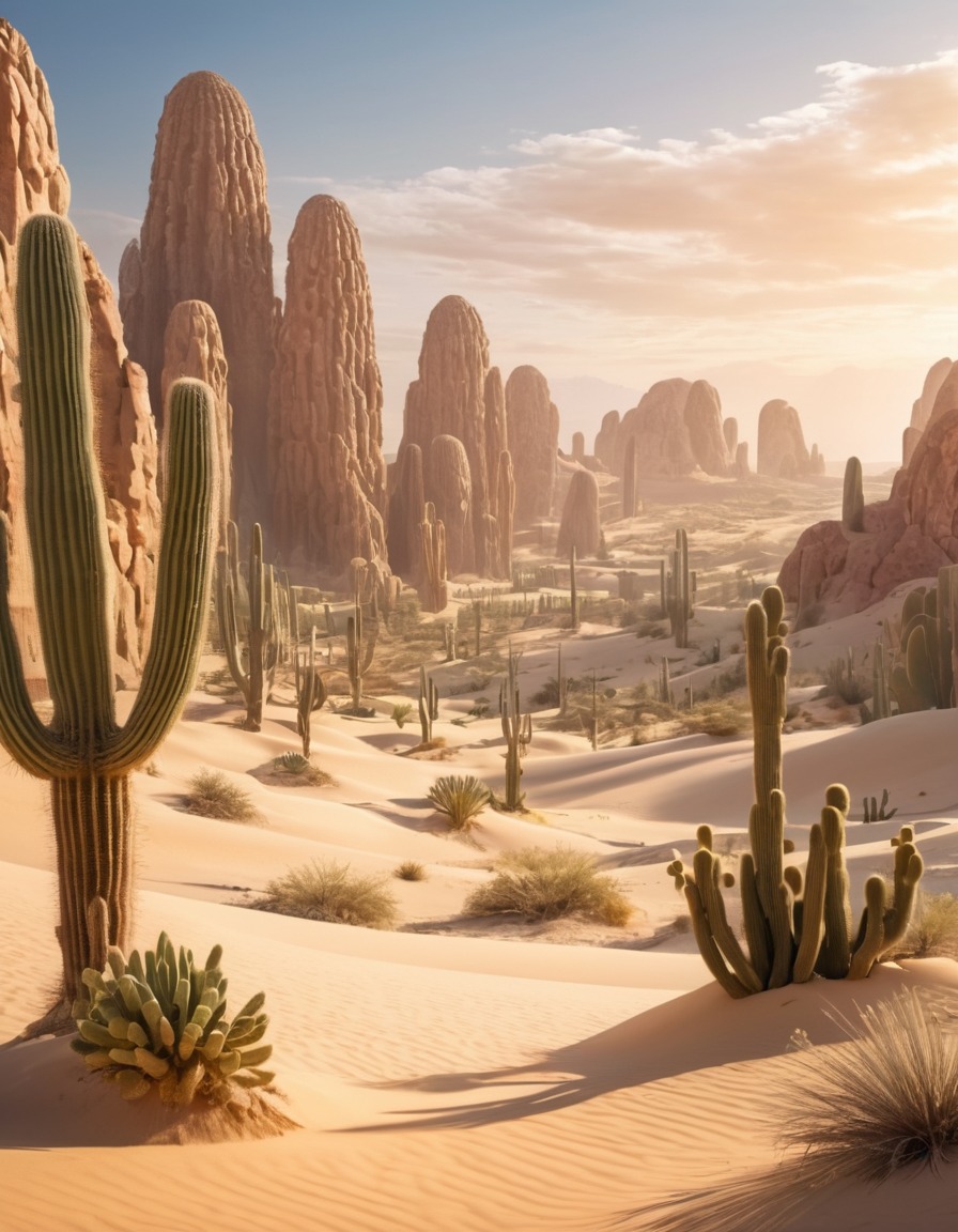 desert, landscape, cacti, sand dunes, sculptures, fantastic