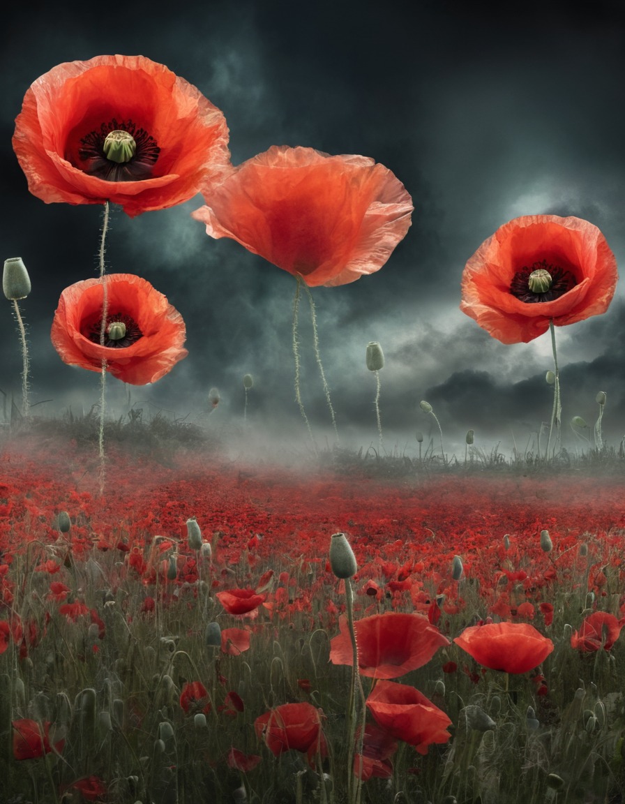 field of poppies, dreamlike, mystical, vapors, nature, fantasy, enchantment