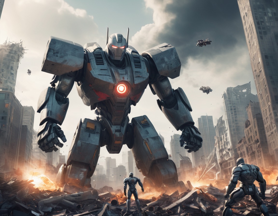 superhero, giant robot, battle, destruction, cityscape, hero