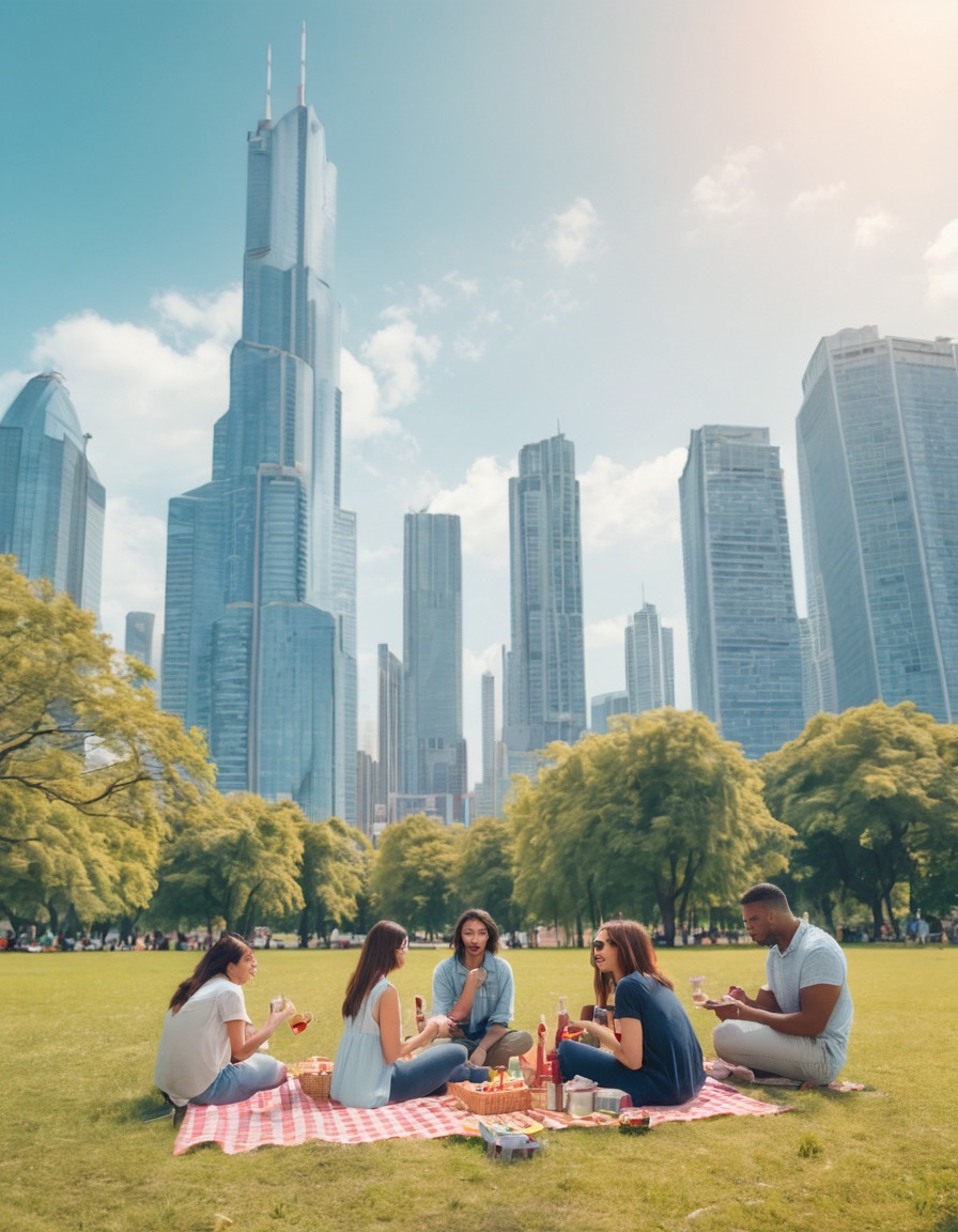 city park, friendship, picnic, skyscrapers, urban landscape, modern city, city