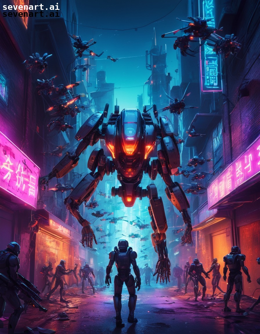 cyberpunk, human vs machine, sci-fi, future technology, urban battle, future