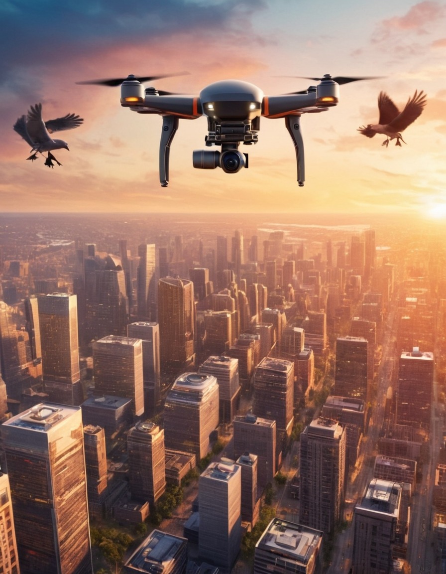 cityscape, sunset, drone, aerial view