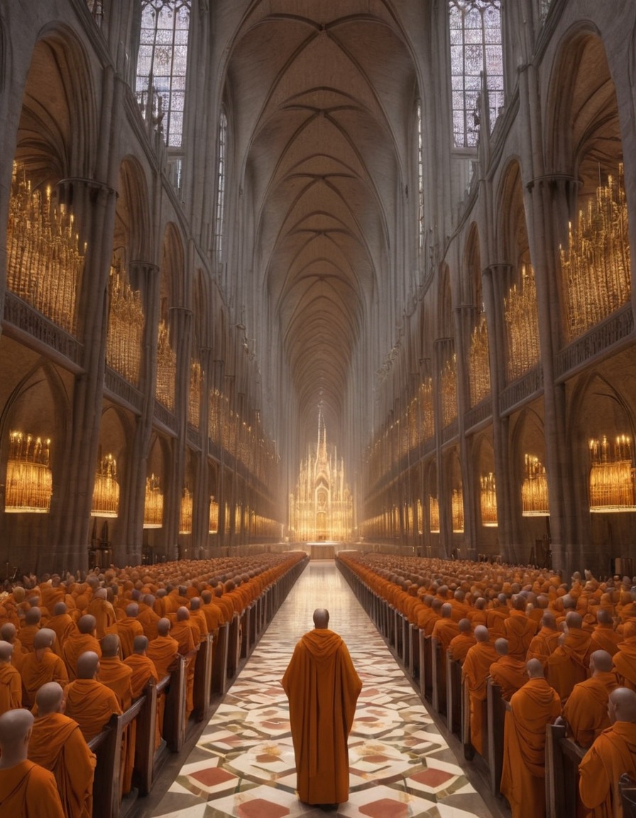 cathedral, robotics, monks, hymns, binary code, medieval, art