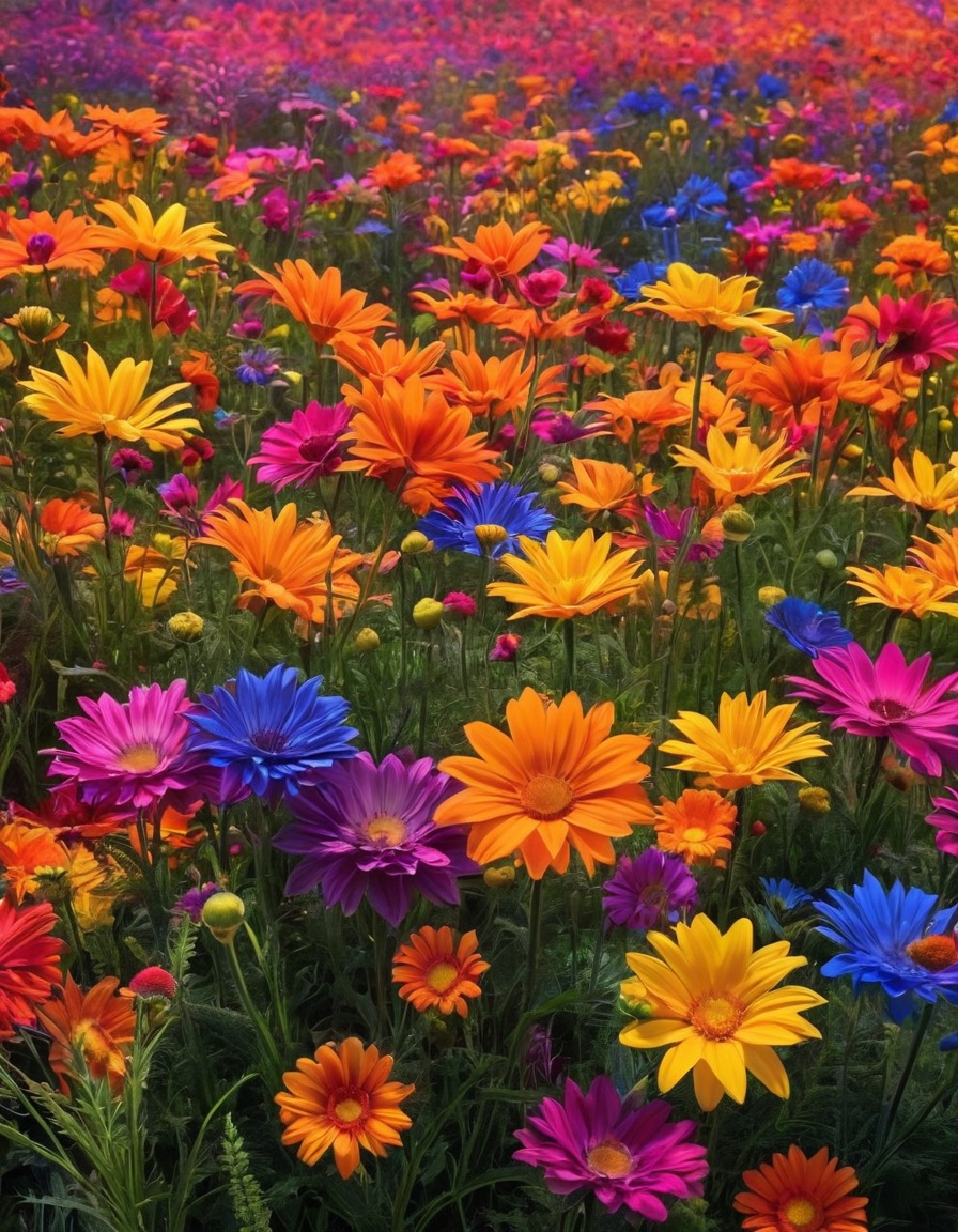 flowers, field, night, glow, fantastic