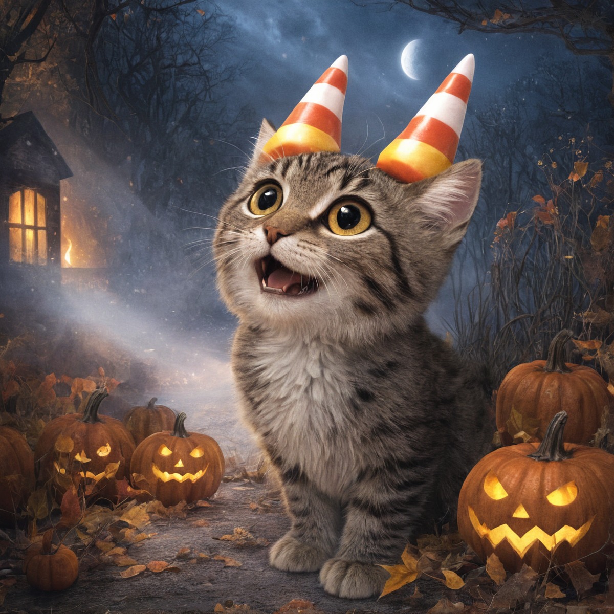 cat, kitty, halloween, digitalart, feline, animal, candycorn, pumpkin, pumpkinhalloween, dailychallenge, aiartcommunity, midjourney, midjourneyai, midjourneyart, midjourneyartwork, midjourneyaiart, midjourneycommunity