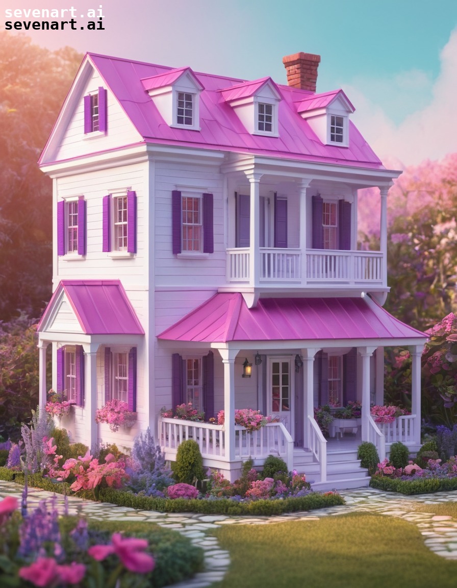 miniature, dollhouse, pink, purple, garden, house, home