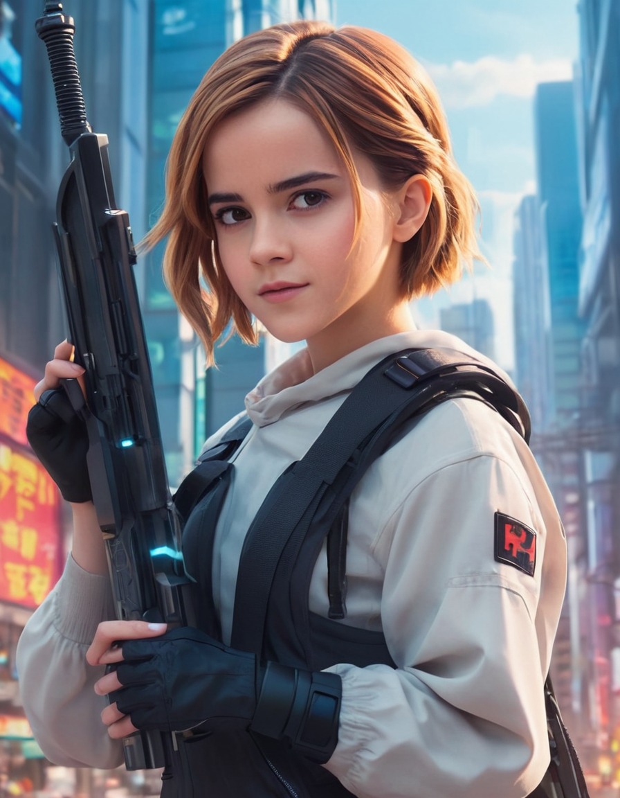 emma watson, anime, futuristic, weapon, high-tech cityscape