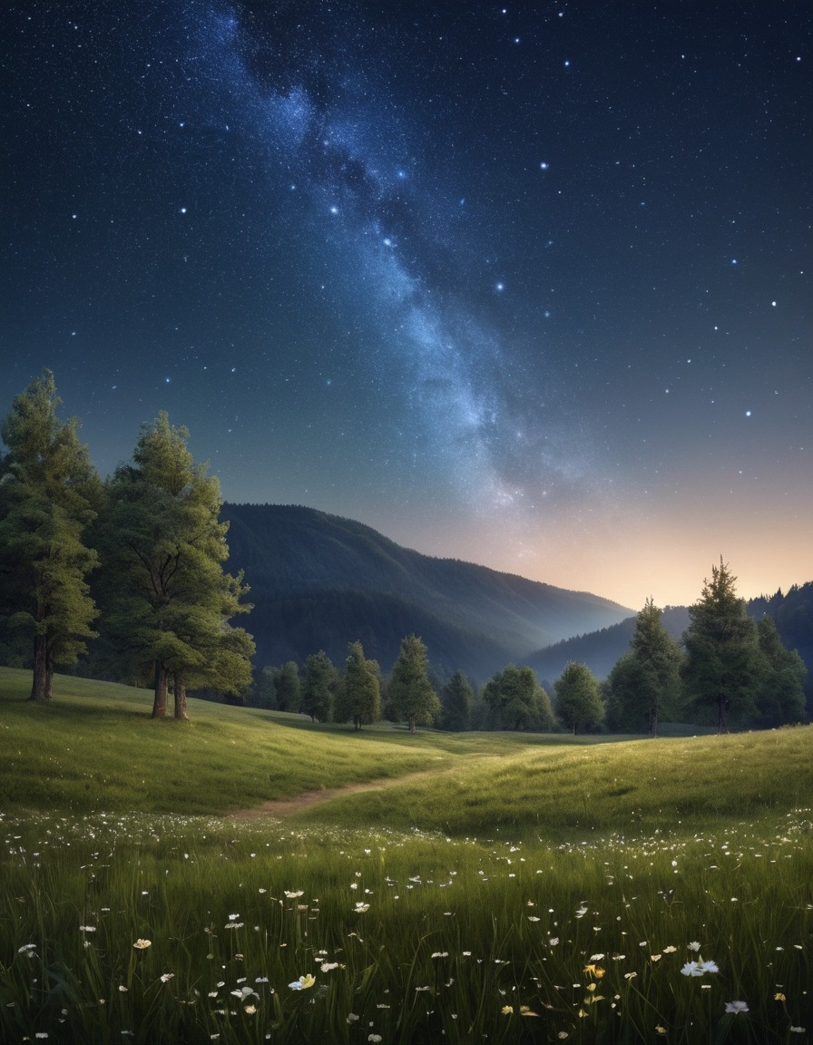 nature, stars, night, meadow, tranquility