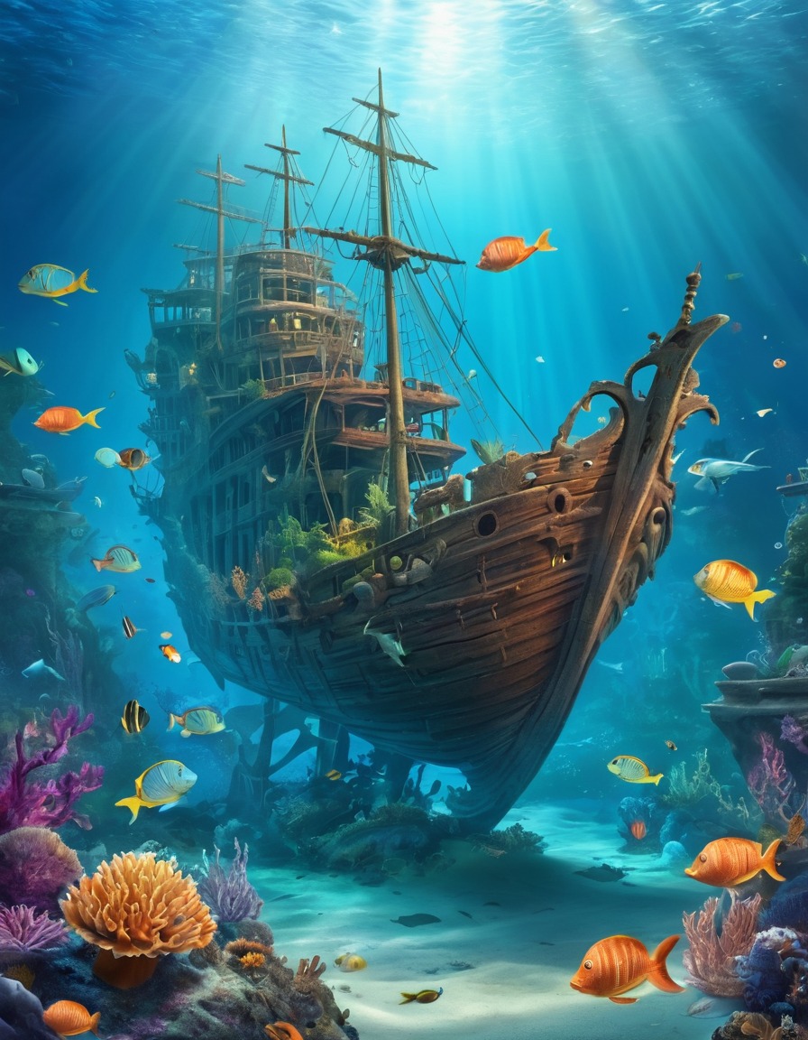 mermaids, sea creatures, shipwreck, fantasy scene, underwater world, magical beings