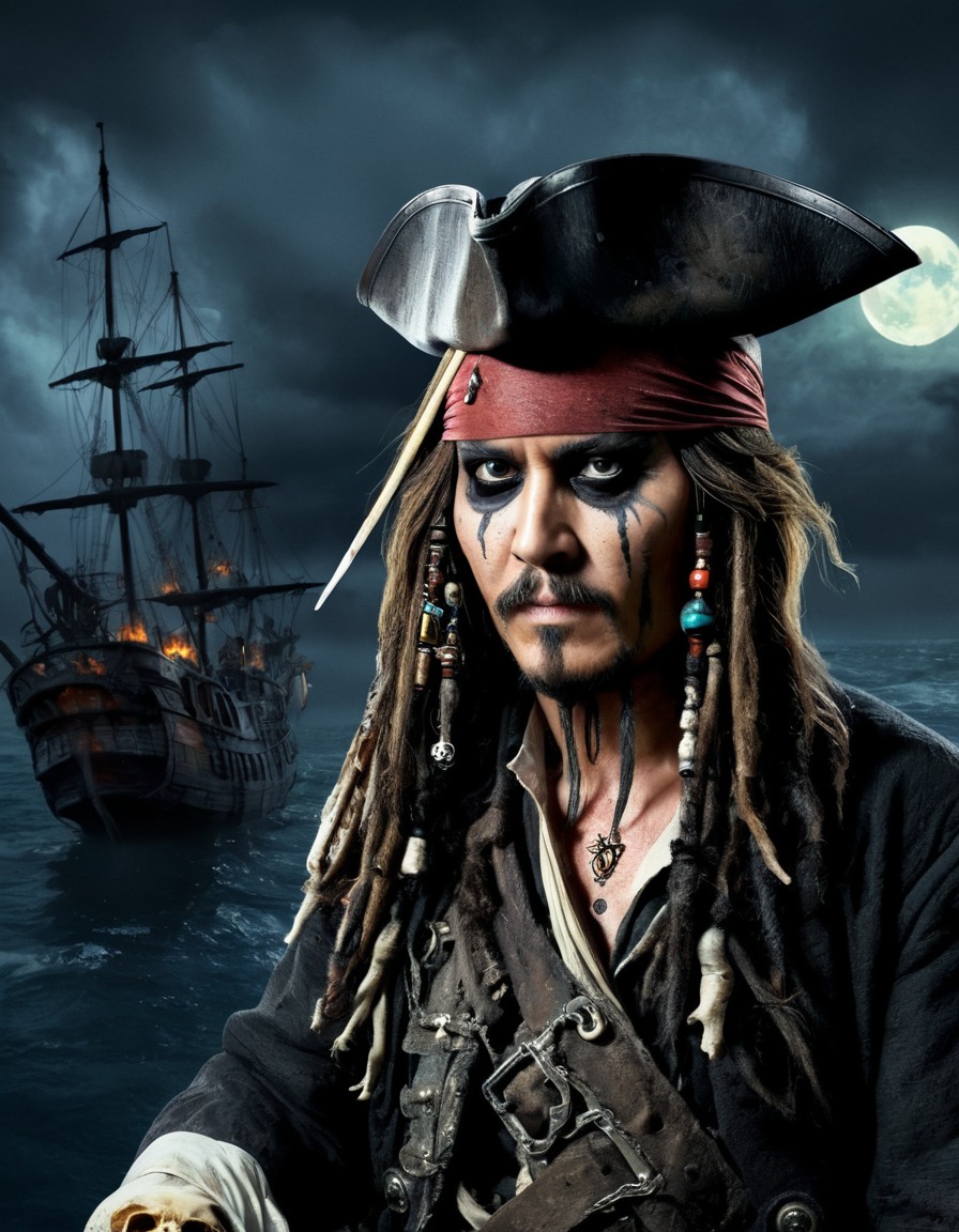 jack sparrow, pirates of the caribbean, undead, ghostly ship, night, wandering, zombie