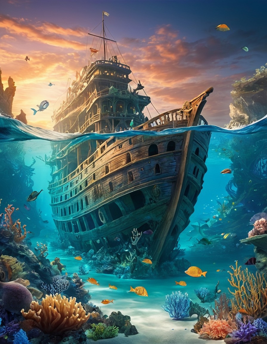 sunken shipwreck, mermaids, sea creatures, underwater fantasy, mythical beings, ocean exploration, magical environment