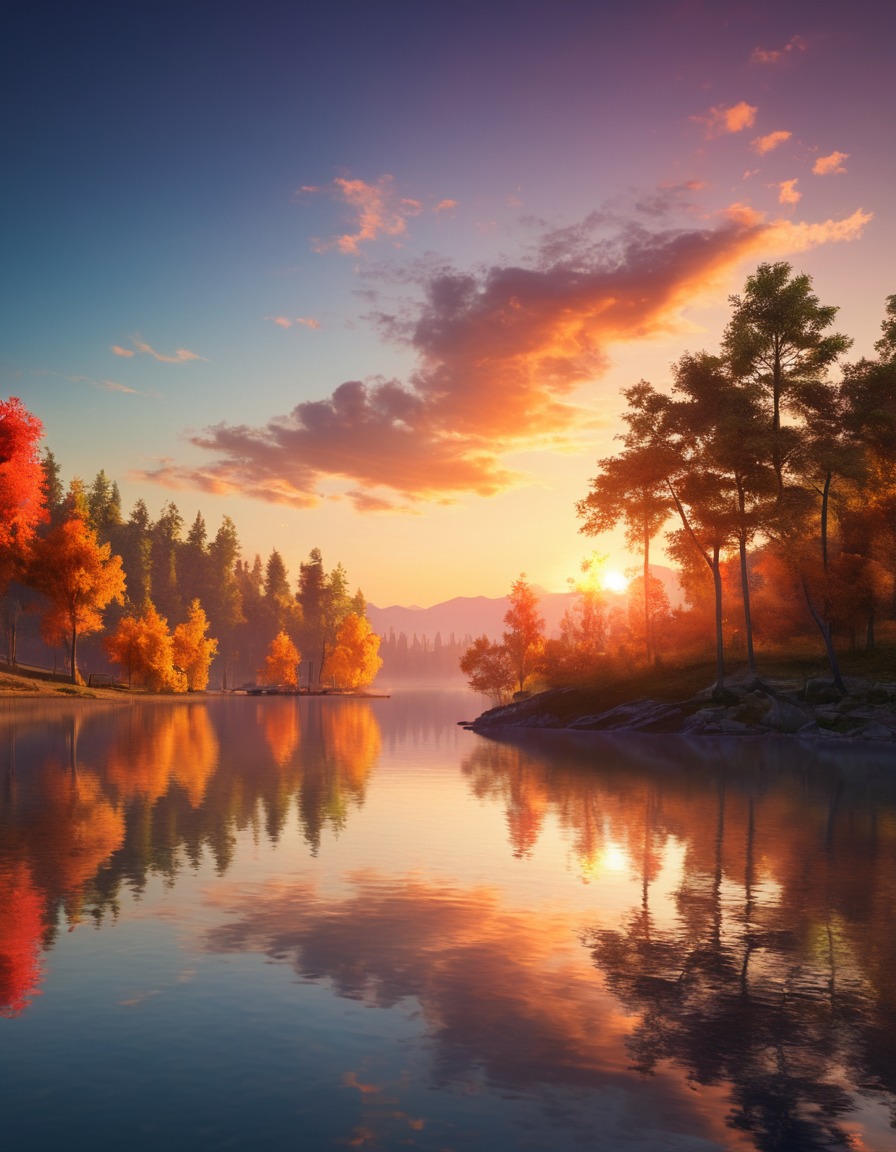 lakeside, sunset, vibrant colors, reflection, nature, serene