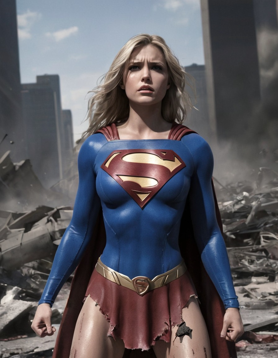 supergirl, victory, superhero, battle, strength, power, ripped costume