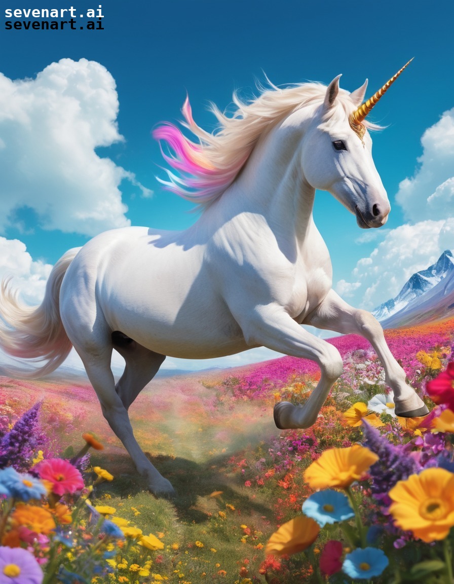 fantasy, unicorn, galloping, field, flowers