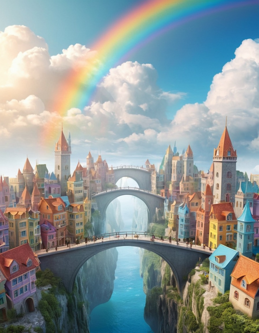 floating city, clouds, rainbow bridges, fantasy scene, skytopia