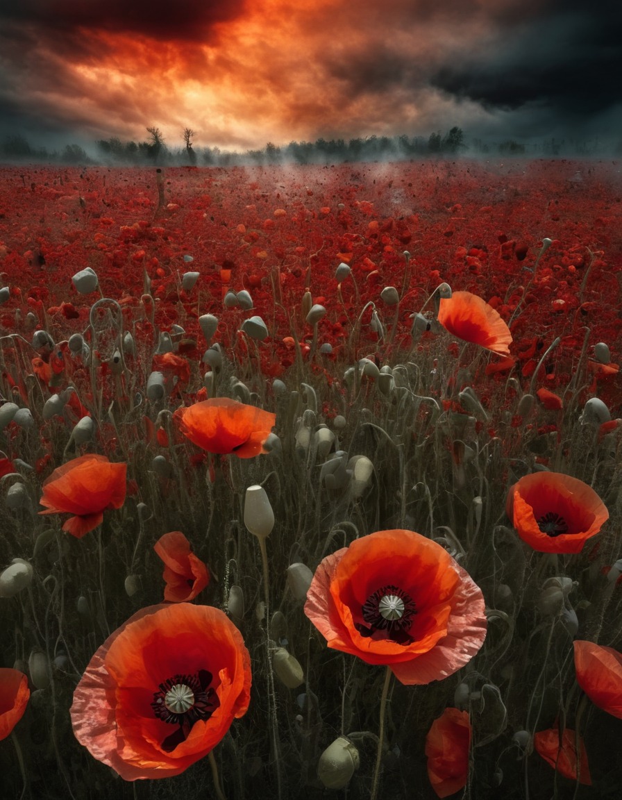 mystical, dreamlike, poppies, field, vapors