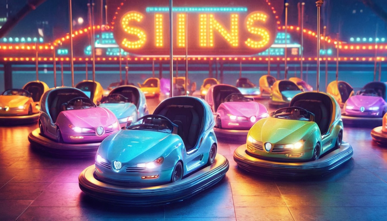 bumper, cars, fairground, lights, neon