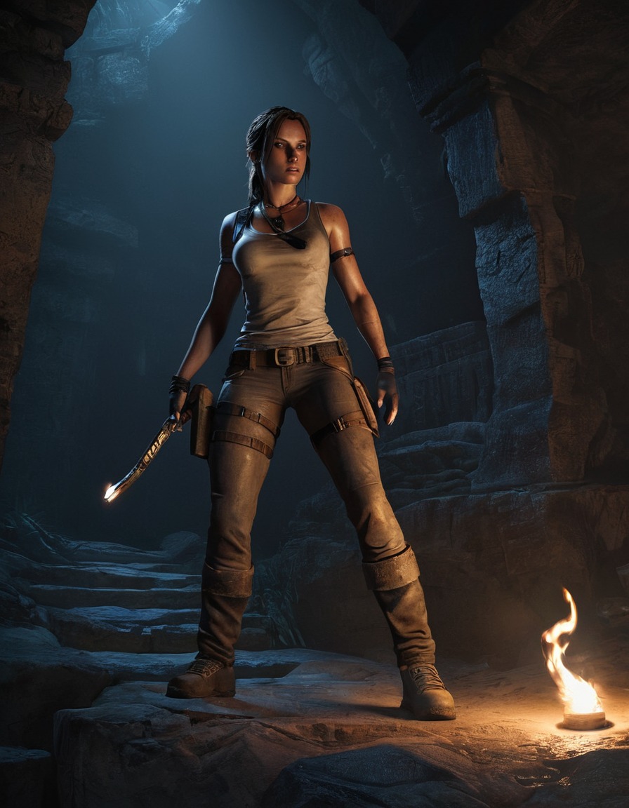 lara croft, tomb raider, exploration, adventure, ancient tomb, night, torch, games, dark