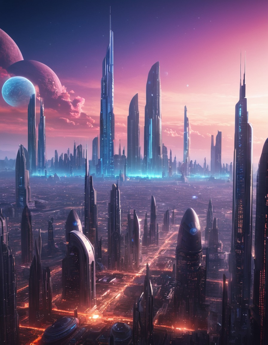 futuristic, cityscape, skyscrapers, distant planet, space scene