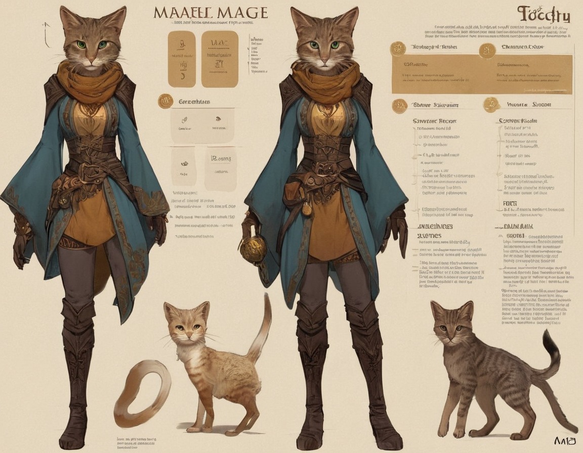 digitalart, characterdesign, adoptable, warrior, magic, dnd, cat, characterconcept, referencesheet, rpg, feline, mage, dreamup, ai_art