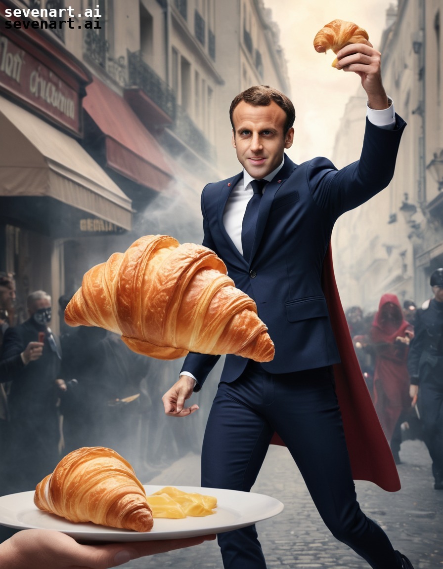 emmanuel macron, superhero, croissant, rescue, funny, france