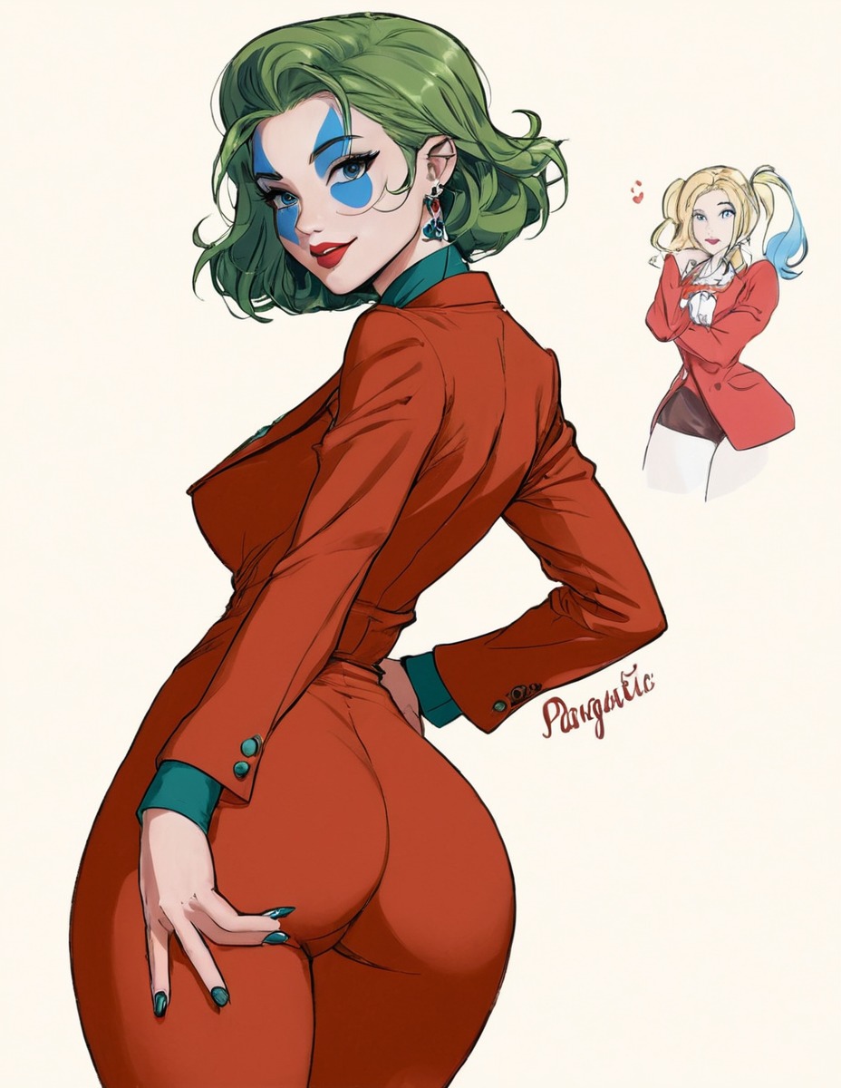 harleyquinn, fanart, batman, cartoonstyle, characterdesign, clown, clowngirl, frombehind, genderswap, greenhairedgirl, makeup, redsuit, sexypose, simplebackground, smilinggirl, whitebackground, jokerfanart, assgrabbing, buttcrush, clownmakeup, rule63, assbooty, jokerharleyquinn, shockedgirl, suitcostume, grabbingbutt, mtfsexchange, aidrawing