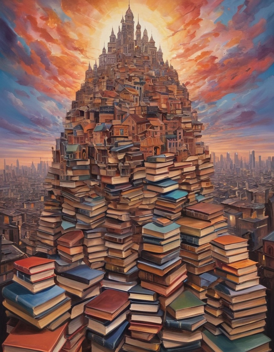 cityscape, buildings, stacked books, surreal