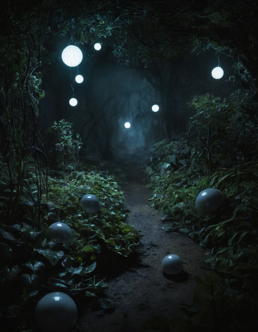 mystical, garden, floating orbs, soft light, enchantment