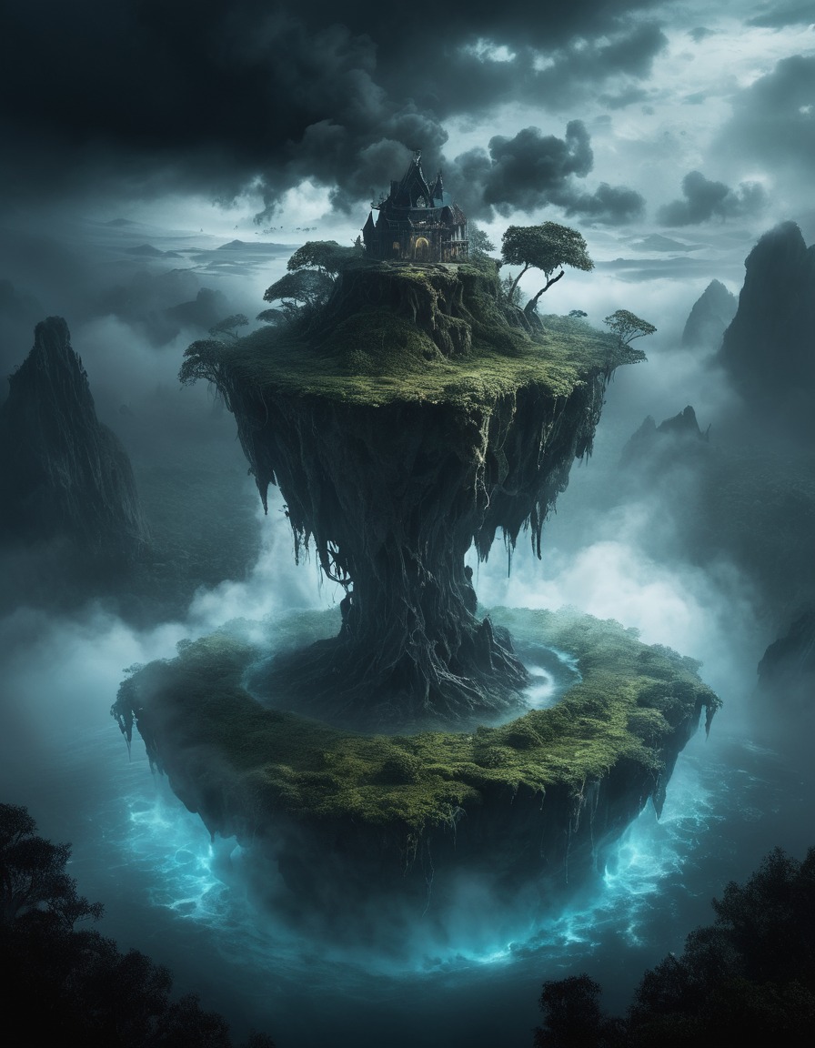 mystical, floating island, swirling mists, mystery, atmospheric, magic, enchanted