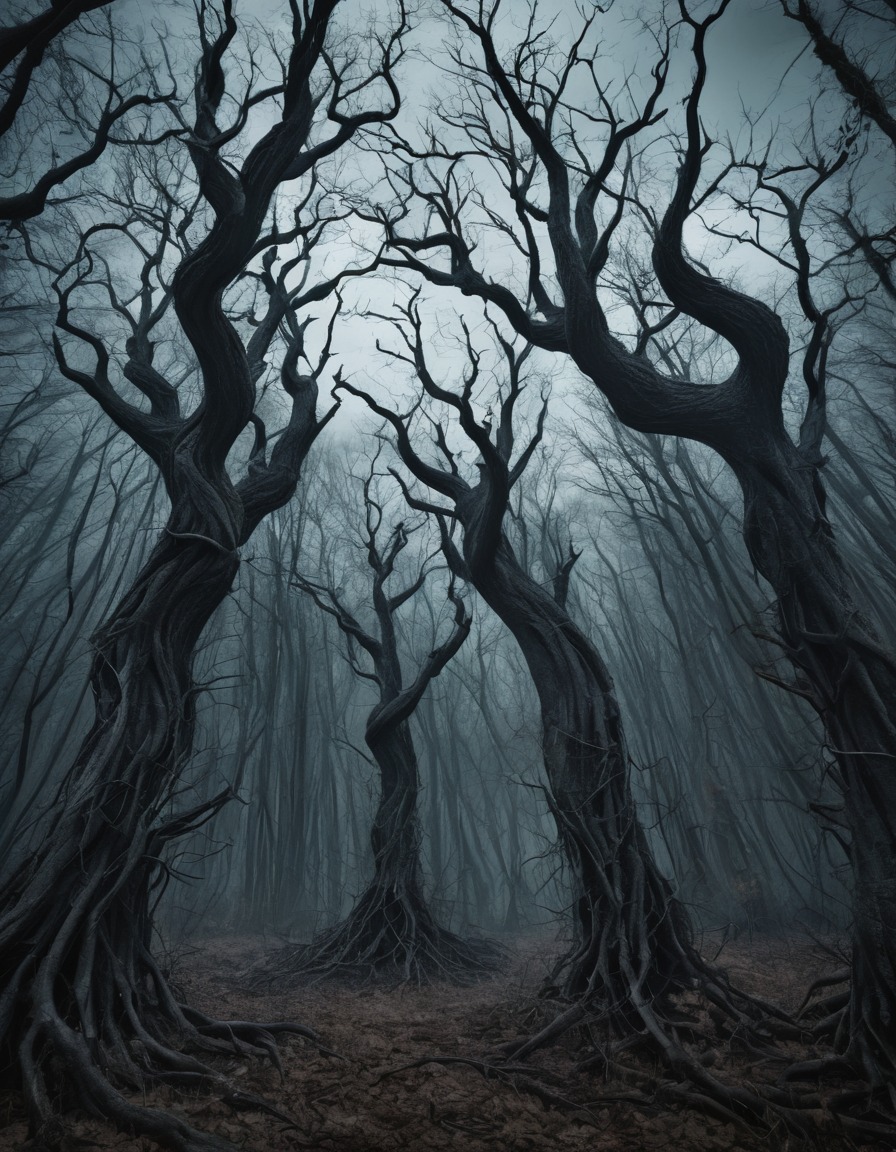 haunted forest, twisted trees, gnarled trees, spooky, eerie, halloween, gothic, underground, dark