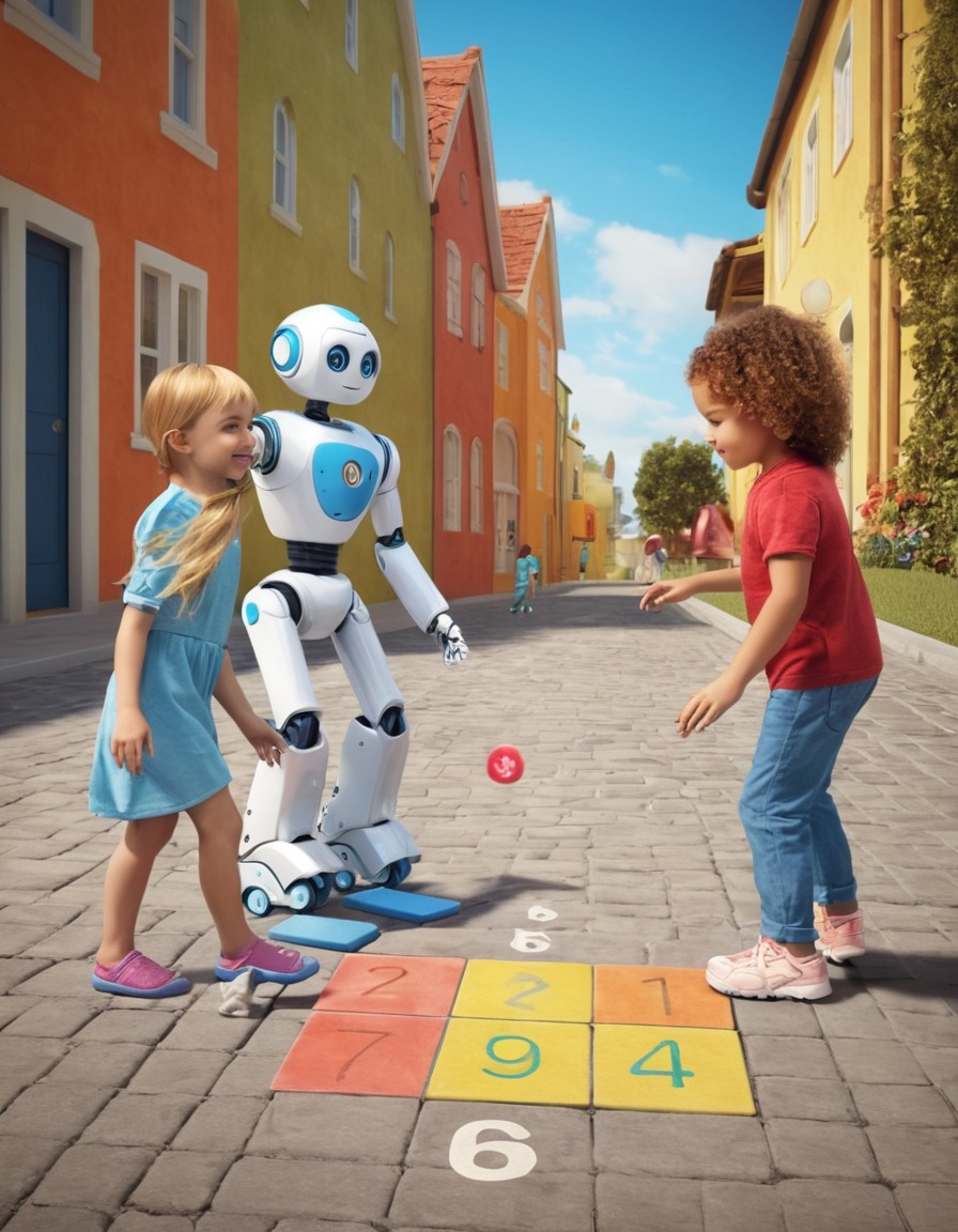 robot, children, hopscotch, playtime, interactive, technology, fun