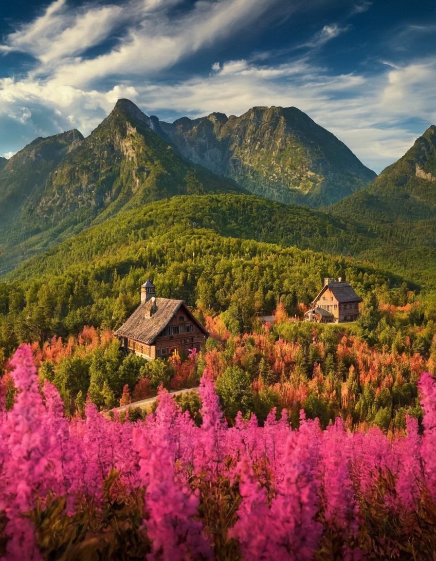 poland, landscape, mountain, cottage, pink flowers, wild flowers, path, nature, flowers, beautiful, petitworld favs