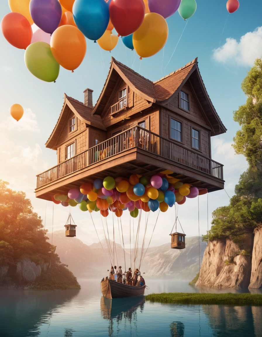 floating house, balloons, unusual architecture, airy structure, gravity-defying design, engineering marvel, fantasy home