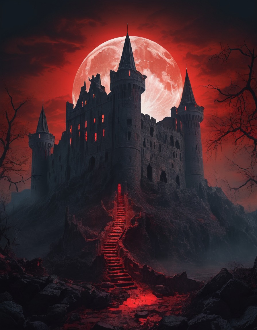 castle, shadows, blood red moon, ancient, gothic, underground, dark