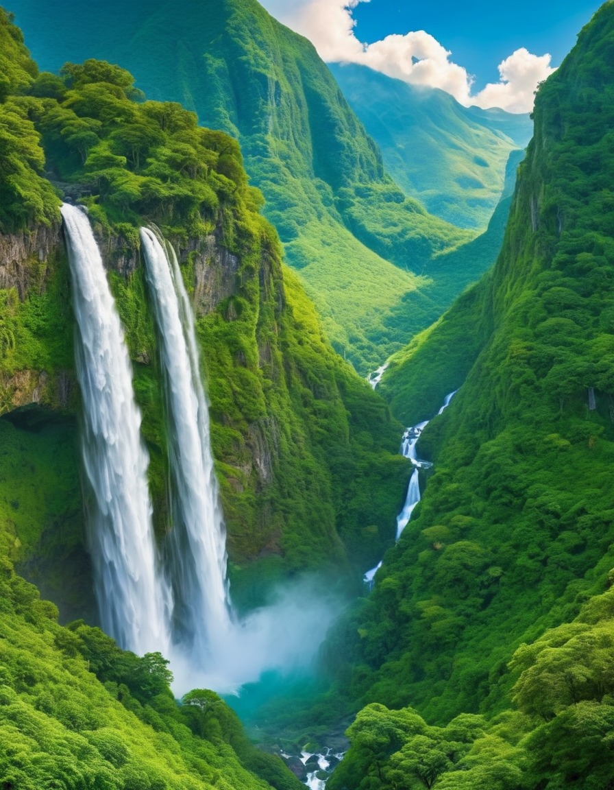 waterfall, nature, mountainside, lush green, scenery