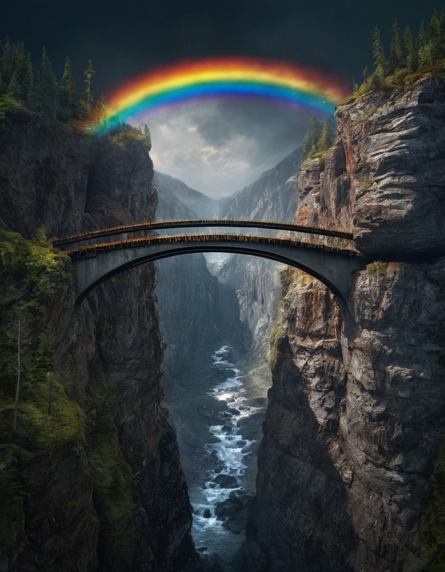 mystical, rainbow, bridge, mountains