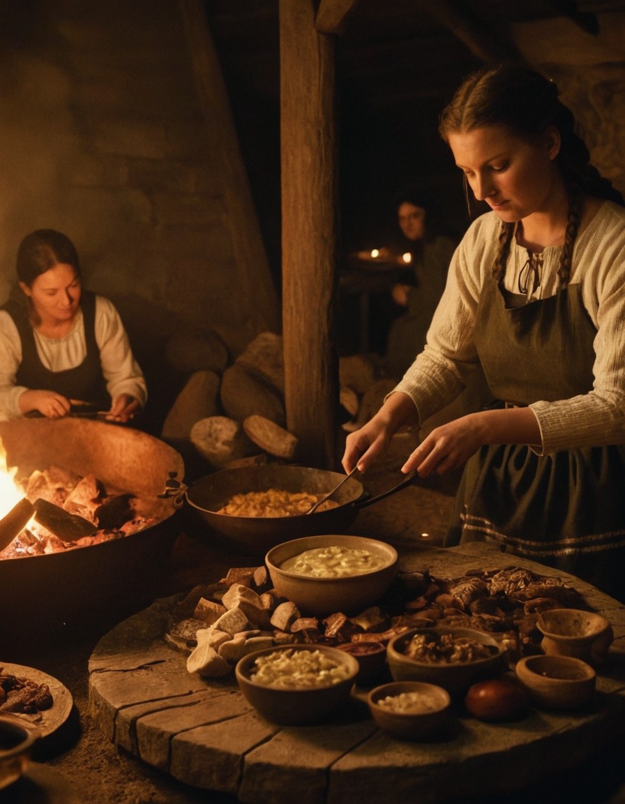 ancient women, communal meal, viking longhouse, cooking, hearth, historical reenactment, culinary traditions